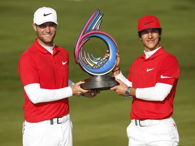 Denmark’s Thorbjørn Olesen and Lucas Bjerregaard pose with the GolfSixes trophy
